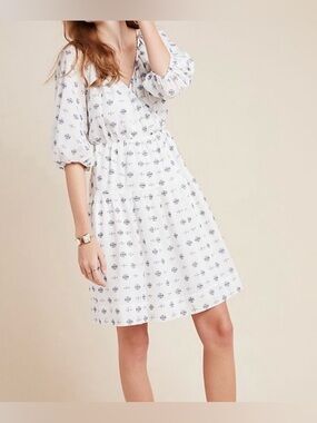 Anthropologie, Marcie textured dress in clean white with blue Size medium